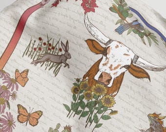 Texas Wildflower Silk Scarf Texas Gift for Women Longhorn Art Scarf Bluebonnet Scarf Hand Drawn Wearable Art Gift Elegant Cowgirl Chic