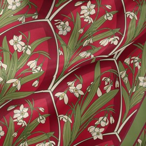 May include: A fabric pattern featuring a repeating geometric design of deep red, shield-shaped segments. Each segment contains detailed illustrations of white snowdrop flowers with green stems and leaves, arranged in a dense, botanical layout.