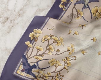 Ginkgo Bird Silk Scarf Quiet Return, Japanese Art Inspired Botanical Scarf, Gold Swallow Wrap, Elegant Nature Scarf, Elegant Neutral Scarf