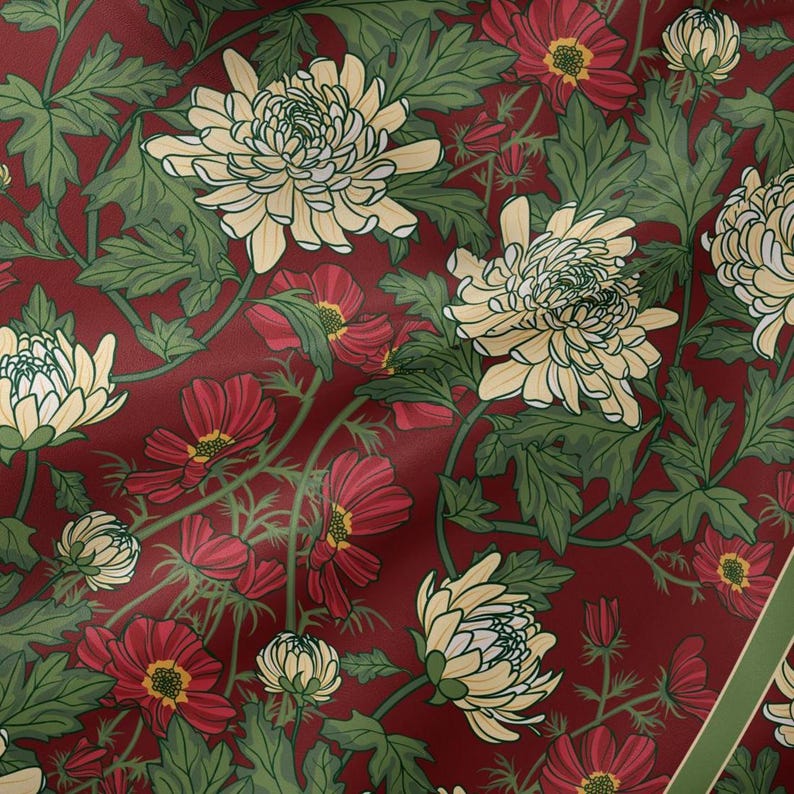 May include: A fabric pattern featuring large cream-coloured chrysanthemums and smaller red flowers with yellow centres, set against a deep red background. The design includes detailed green foliage and stems, creating a dense floral botanical print.