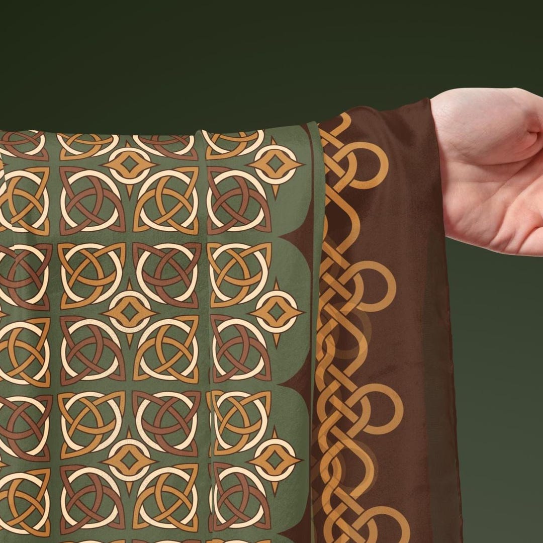 Celtic Knotwork Silk Long Scarf – Olive Brown Scottish Heritage Wrap ...