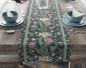 Dusty Teal and Rose Pink Floral Table Runner Romantic Vintage European Style Table Decor 16x72 16x90