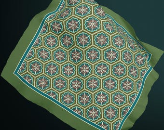 Arabesque Elegance Silk Scarf or Shawl – Soraya Geometric Floral Pattern Square, Modern Art Wrap, Artful Gift, Olive Teal
