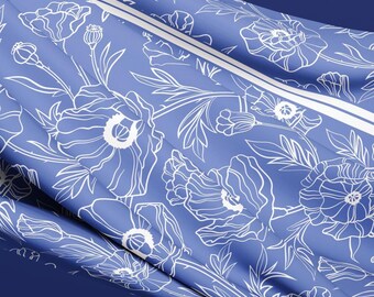 Poppy Fields Silk Long Scarf – White Periwinkle Blue Linework Floral Wrap, Bold Graphic Shawl, Elegant Handmade Gift
