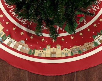 May include: A red Christmas tree skirt with a white border and a festive design. The skirt features a repeating pattern of buildings, trees, and stars, with the words "Merry Christmas" in white script. The skirt is made of a soft fabric.