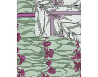 Purple Iris Floral Velveteen Blanket, Hand-Drawn Botanical Throw (50x60)