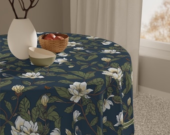 Navy and Cream Magnolia and Mockingbird Floral Table Topper Elegant Classic Square Tablecloth 55 Inch