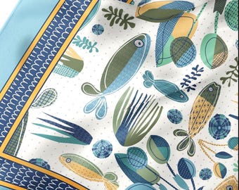 Coastal Fish Silk Scarf Blue Yellow Ocean Inspired Wrap Mid Century Coastal Wearable Art Beach Resort Style Gift
