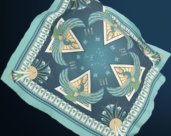 Isis Calling Silk Square Scarf for Ancient History Lovers – Turquoise Blue Egyptian Goddess Mythology Wrap, Elegant Gift
