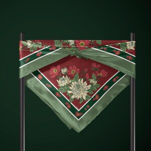Vintage Chrysanthemum Square Silk Scarf Burgundy Olive Floral Christmas Gift Idea for Her Heirloom Holiday Accessory Romantic Garden Style image 7
