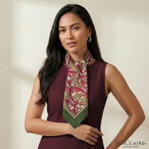 May include: A sleeveless burgundy dress paired with a silk scarf featuring a botanical print of white snowdrop flowers and green leaves on a deep red background, finished with a solid dark green border and a pointed tip at the bottom.