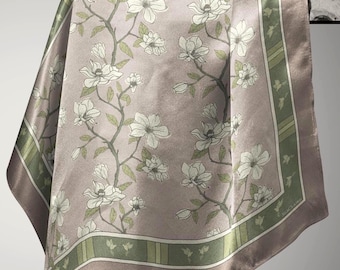 Sweetbay Magnolia Scarf  for Luxury Gift Lovers Elegant Garden Wrap with Hummingbirds for Women Taupe Olive Floral Botanical Art Gift