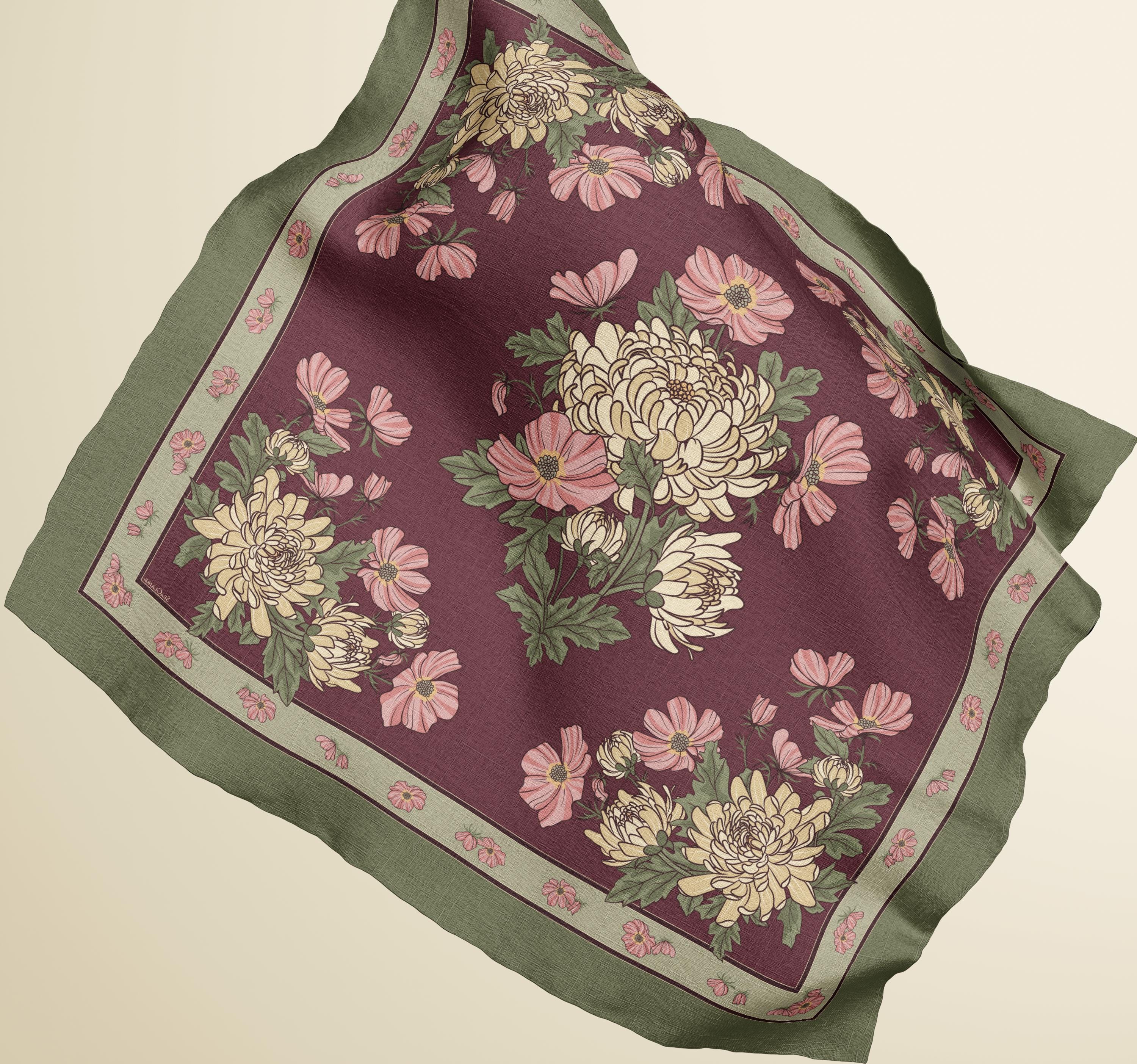 October Silk Chrysanthemum Keepsake Silk Head Scarf – October Birthday Flower ...