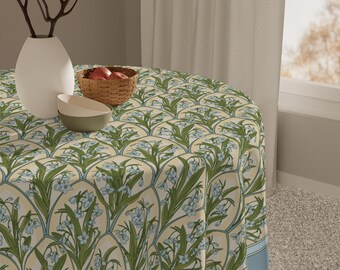 Snowdrop Floral Table Topper Pastel Spring Overlay Square Tablecloth 55 Inch, White, Yellow, Dusty Blue