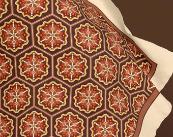 Arabesque Elegance Silk Scarf or Shawl – Soraya Geometric Floral Pattern Square, Modern Art Wrap, Artful Gift, Rust Brown Cream