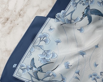 Blue Chinoiserie Silk Scarf Quiet Return, Japanese Art Inspired Ginkgo Bird Scarf, Porcelain Botanical Wrap, Elegant Blue Scarf