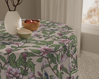 Magnolia and Mockingbird Floral Table Topper Beige Rose Pink Southern Square Tablecloth 55 Inch
