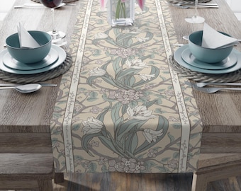 Neutral Floral Table Runner Lily Hawthorne Soft Elegant Botanical Table Linens 16x72 16x90