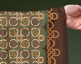 Scottish Heritage Long Silk Scarf Celtic Knot Irish Inspired Wearable Art Hand Drawn Luxury Gift Mulberry Silk Autumn Colors Viking Wrap
