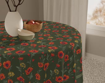 Olive Red Poppy Floral Table Topper Rustic Vintage Square Tablecloth 55 Inch