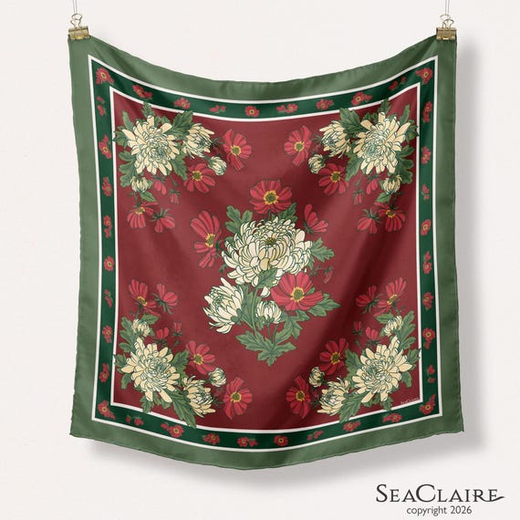 Vintage Chrysanthemum Square Silk Scarf Burgundy Olive Floral Christmas Gift Idea for Her Heirloom Holiday Accessory Romantic Garden Style