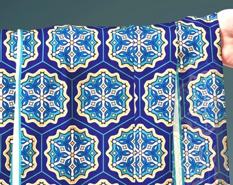 Arabesque Geometric Floral Long Silk Scarf Blue Turquoise Pattern Wrap Mid Century Modern Wearable Art Gift Islamic Art Gift