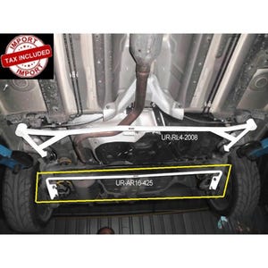 May include: A white automotive chassis reinforcement bar installed on the underside of a vehicle, featuring the text UR-RL4-2008 on the upper bar and UR-AR16-425 on the lower bar, which is highlighted by a yellow rectangular outline.