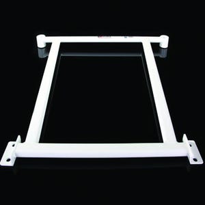 May include: A white rectangular metal automotive chassis brace featuring a hollow center frame, two cylindrical mounting points at the top, and two flat horizontal mounting brackets with pre-drilled holes at the base for secure installation.