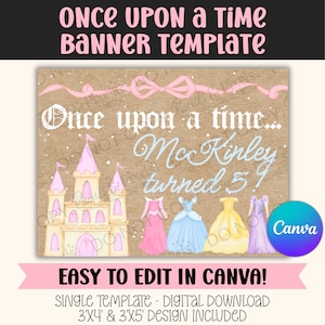 Once Upon a Time Banner Template | Princess Birthday Banner | Canva Template | DIGITAL DOWNLOAD