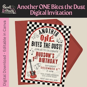 May include: Digital invitation with a red and black theme. The invitation reads "Another One Bites the Dust" and is for Hudson's 1st birthday. Includes a guitar, musical notes, and a lightning bolt graphic.