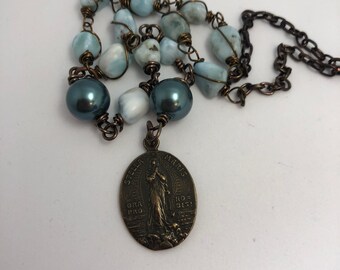 Stella Maris, Our Lady of the Sea, Bronze Pearl, and Larimar Rosary Necklace