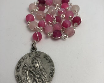 Saint Theresa of the Child Jesus Chaplet with Pink Agate and Pewter Medal