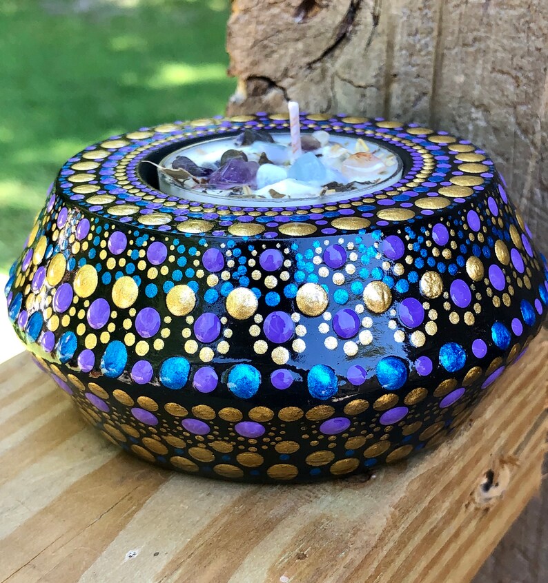 Tealight Candle Holder Mandala Dots of Gold Purple and Etsy