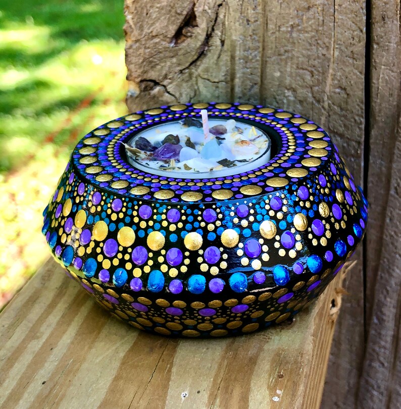 Tealight Candle Holder Mandala Dots of Gold Purple and Etsy