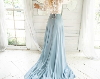 Blue Gray Wedding Dress, Beaded Sheer Top, Sleeves, LENORA GOWN, Button Back, Train, FREE Shipping!