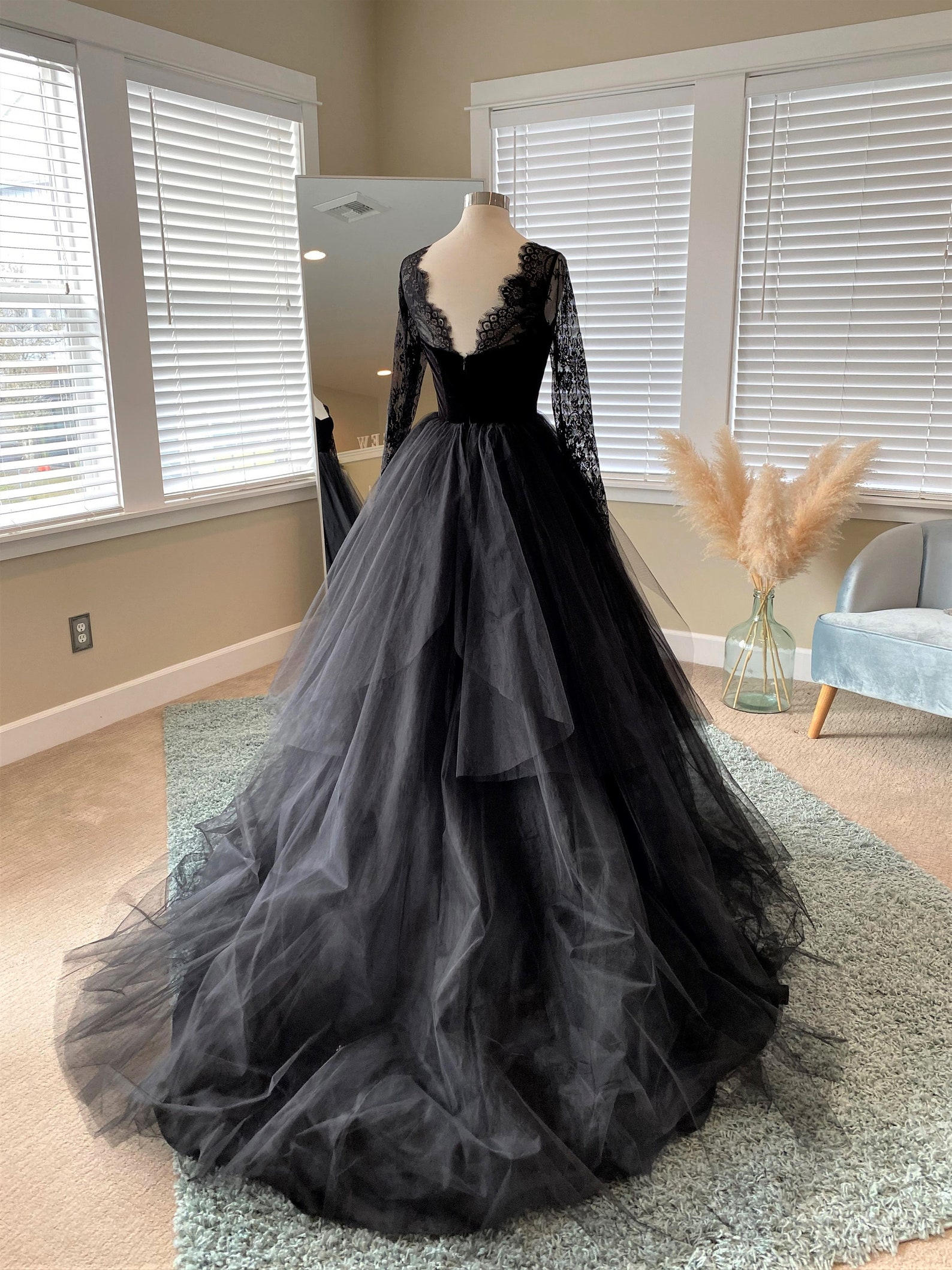 Black Velvet Wedding Dress Tulle Skirt Gothic RAVENNA Gown