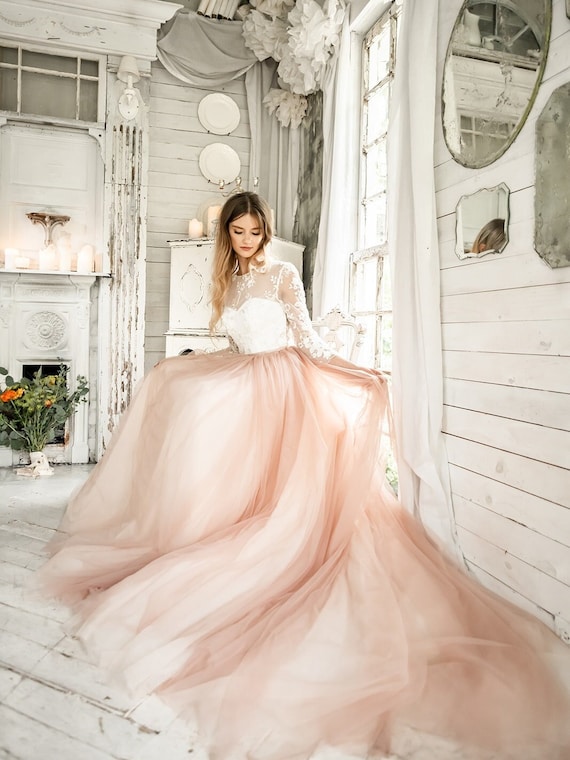 Blush Tulle Wedding Dress Beaded Sheer Top Sleeves DENNY | Etsy