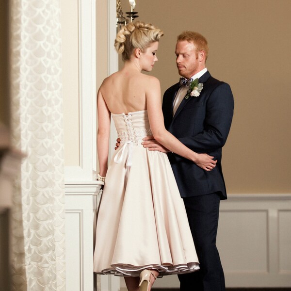 Tea Length Wedding Dress TINY BUBBLES, Satin Strapless