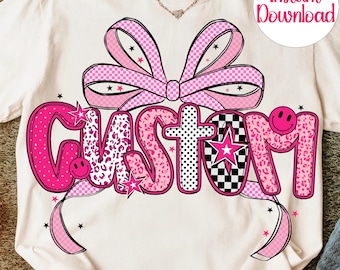 Custom PNG for Shirts – Pink Preppy Letters with Bow, Leopard & Checkerboard – Editable Y2K Sublimation Download