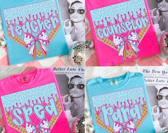 Preppy Teacher PNG Ice Cream Theme, Para SPED Counselor Design, Cute Bow Sprinkles Sublimation, Back to School PNG for Teachers Shirt