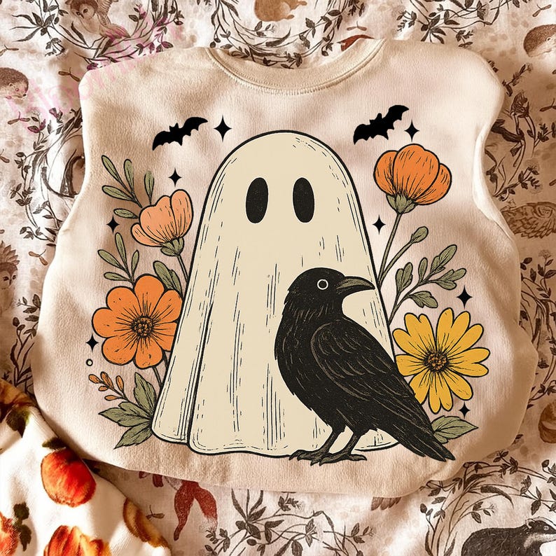 May include: A cream-colored sweatshirt featuring a vintage-style Halloween design. The graphic includes a friendly ghost, a black crow, orange and yellow flowers, and bats. The design is surrounded by floral elements and stars.