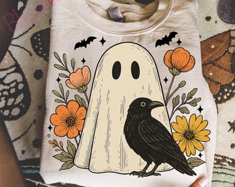 Cute Halloween Ghost and Crow PNG, Retro Fall Floral Clipart, Vintage Halloween Ghost with Bird, Rustic Autumn Aesthetic Digital File