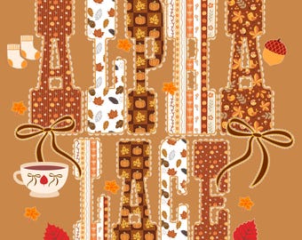 May include: A fall-themed digital art piece featuring the letters A-Z, each with a unique pattern of pumpkins, leaves, and floral designs. The letters are outlined with a lace trim. Includes a teacup, socks, and an acorn. Text reads "Includes A - Z Lace Letters + Clipart".
