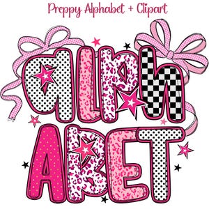 Preppy Alphabet PNG, Pink Leopard and Checkerboard Letters with Stars, Y2K Punk Editable Font Clipart, Retro Sublimation Alphabet Download