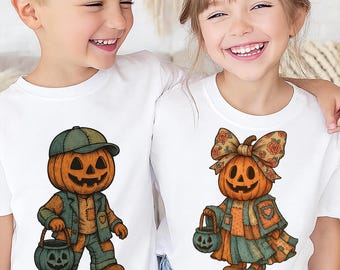 Matching Halloween PNG for Kids – Cute Pumpkin Boy & Girl Fall Shirt Design – Vintage Sibling Trick or Treat Clipart – Digital Download