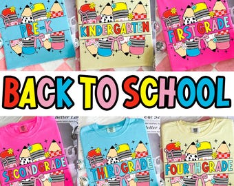 Bundle PNG de la rentrée scolaire, modèles de chemise de la maternelle à la 4e année, mignons modèles de sublimation au crayon, téléchargement numérique Coquette BCBG à carreaux