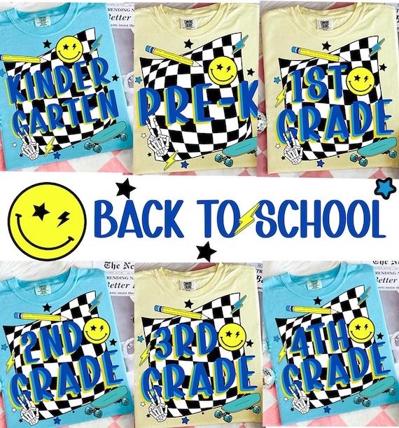 Back to School PNG Bundle, Pre-K to 4th Grade Shirt Designs, Cool Skateboard Lightning Smiley Sublimation, Retro Back to School Boys PNG