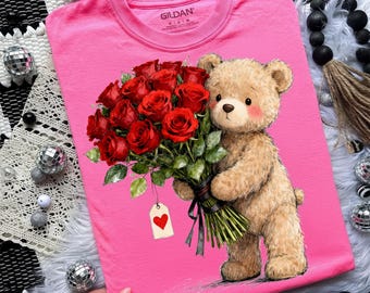 Floral Valentine's Teddy Bear PNG, Watercolor Clipart (Digital Download)