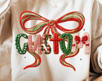 Custom Christmas Faux Embroidery PNG, Personalized Chenille Patch Bow, Holiday Embroidery Texture Sublimation, Christmas Crochet PNG