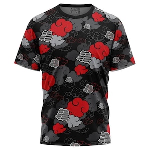 May include: Black t-shirt with a repeating pattern of red, grey, and white clouds. The clouds have a stylized design, with some outlined in white. The shirt has short sleeves and a crew neck. The text "ANIME APE" is printed on the collar.